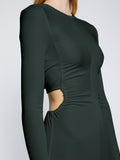 Detail image of model wearing Long Sleeve Jersey Open Back Dress in PINE