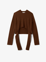Still life image of Ribbed Cotton Wrap Sweater in ESPRESSO with straps hanging by sides