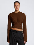 Front cropped image of model wearing Ribbed Cotton Wrap Sweater in ESPRESSO