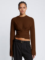 Front cropped image of model wearing Ribbed Cotton Wrap Sweater in ESPRESSO