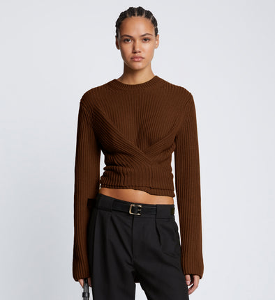 Front cropped image of model wearing Ribbed Cotton Wrap Sweater in ESPRESSO