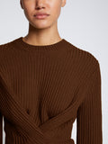 Detail image of model wearing Ribbed Cotton Wrap Sweater in ESPRESSO