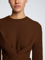 Detail image of model wearing Ribbed Cotton Wrap Sweater in ESPRESSO
