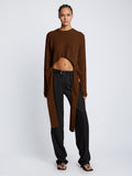 Front full length image of model wearing Ribbed Cotton Wrap Sweater in ESPRESSO with straps hanging by sides