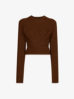 Still life image of Ribbed Cotton Wrap Sweater in ESPRESSO with straps tied around waist