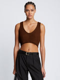 Front cropped image of model wearing Ribbed Cotton Cropped Sweater in ESPRESSO