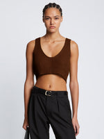 Front cropped image of model wearing Ribbed Cotton Cropped Sweater in ESPRESSO