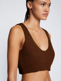 Detail image of model wearing Ribbed Cotton Cropped Sweater in ESPRESSO