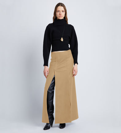 Front image of model in Wool Felt Skirt in khaki