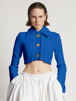 Front cropped image of model wearing Boucle Tweed Crop Jacket in TURQUOISE