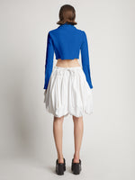 Back full length image of model wearing Boucle Tweed Crop Jacket in TURQUOISE