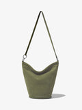 Front image of Suede Spring Bucket Bag in BAMBOO with strap extended