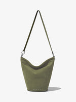 Front image of Suede Spring Bucket Bag in BAMBOO with strap extended