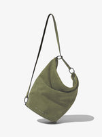 Front image of Suede Spring Bucket Bag in BAMBOO with strap extended