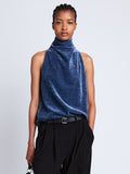 Cropped front image of Mila Cowl Top In Chenille Suiting in steel blue