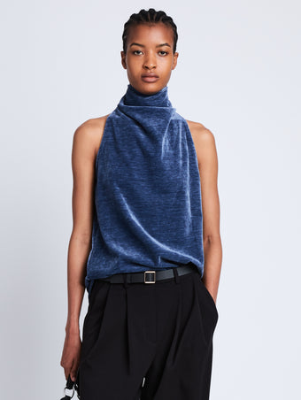Cropped front image of Mila Cowl Top In Chenille Suiting in steel blue