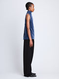 Side image of Mila Cowl Top In Chenille Suiting in steel blue