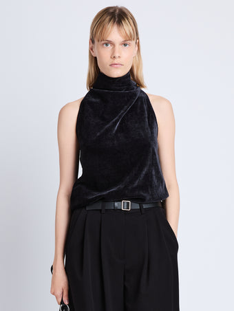 Cropped front image of model in Mila Cowl Top In Chenille Suiting in black