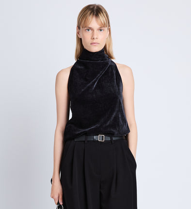 Cropped front image of model in Mila Cowl Top In Chenille Suiting in black