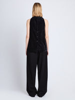 Back image of model in Mila Cowl Top In Chenille Suiting in black