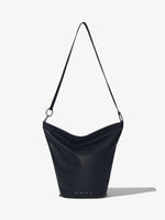 Front image of Spring Bag In Leather in black with strap extended