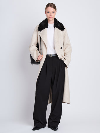 Front full length image of model wearing Emma Coat in OAT/BLACK
