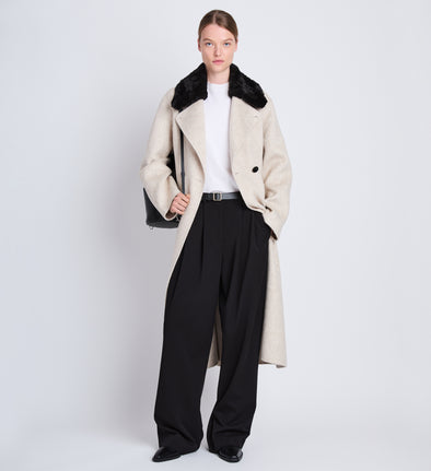 Front full length image of model wearing Emma Coat in OAT/BLACK