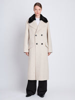 Front full length image of model wearing Emma Coat in OAT/BLACK buttoned