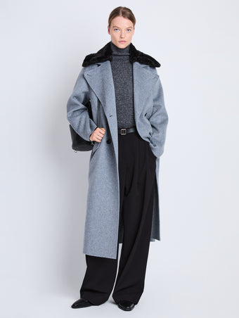 Front full length image of model wearing Emma Coat in ASH/BLACK