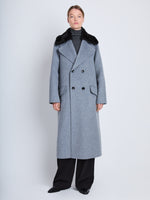 Front full length image of model wearing Emma Coat in ASH/BLACK buttoned