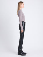 Side image of model wearing Leather Straight Pants in BLACK