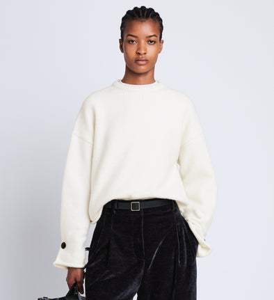 Front cropped image of model wearing Tara Sweater in OFF WHITE