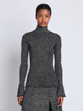 Cropped front image of model wearing Avery Turtleneck in BLACK/SILVER