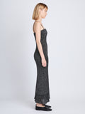 Side full length image of model wearing Lorenia Dress in BLACK/SILVER