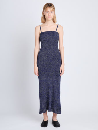 Front full length image of model wearing Lorenia Dress in ROYAL BLUE/SILVER