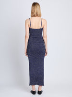 Back full length image of model wearing Lorenia Dress in ROYAL BLUE/SILVER