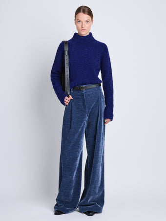 Front full length image of model wearing Aria Pant in STEEL BLUE