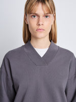 Detail image of model wearing Olivia Sweatshirt in GRAPHITE