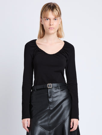 Front cropped image of model wearing Sophia Top in BLACK