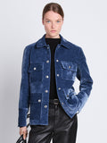 Front cropped image of model wearing Stella Jacket in STEEL BLUE