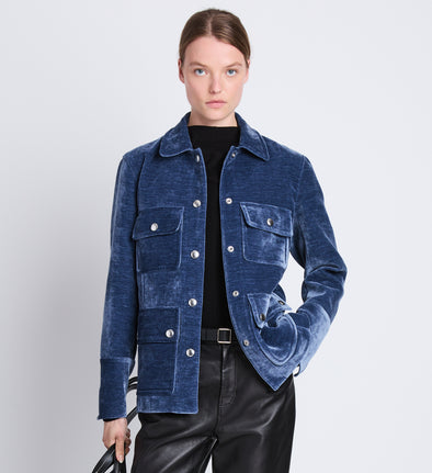 Front cropped image of model wearing Stella Jacket in STEEL BLUE