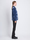 Side full length image of model wearing Stella Jacket in STEEL BLUE