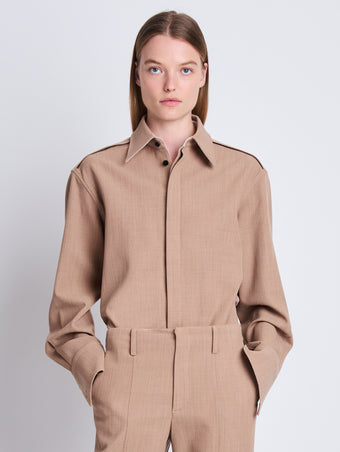 Front cropped image of model wearing Maya Shirt In Melange Wool in KHAKI MELANGE