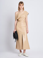 Front full length image of model wearing Rosa Dress In Nappa Leather in LIGHT KHAKI