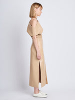 Side full length image of model wearing Rosa Dress In Nappa Leather in LIGHT KHAKI