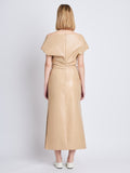Back full length image of model wearing Rosa Dress In Nappa Leather in LIGHT KHAKI