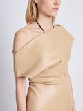Detail image of model wearing Rosa Dress In Nappa Leather in LIGHT KHAKI