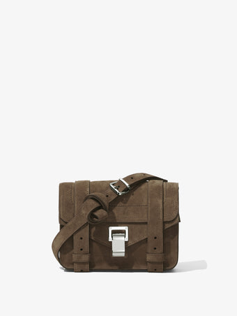 Front image of Suede PS1 Mini Crossbody Bag in TEAK