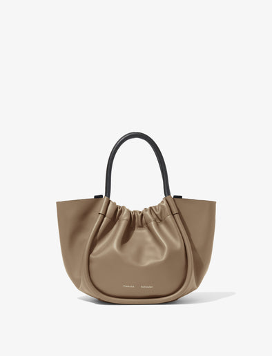 Front image of Small Ruched Crossbody Tote in LIGHT TAUPE