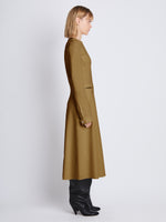 Side image of model wearing Joanne Dress In Matte Viscose Crepe in fatigue